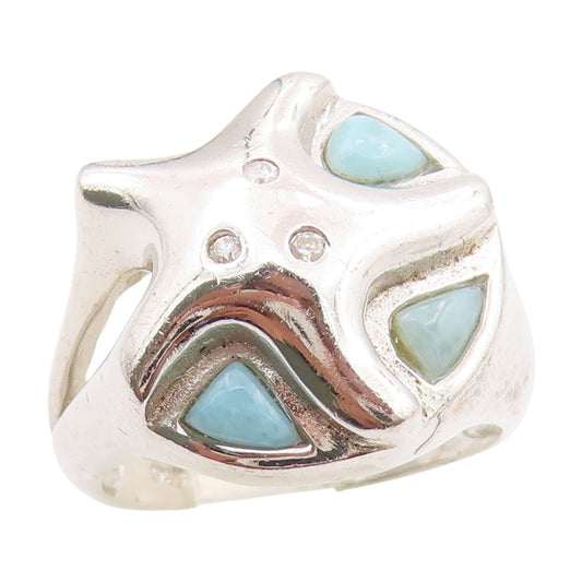 925 Sterling Silver Vintage Ring Larimar & CZ Starfish Design  Sz 7  RG34182