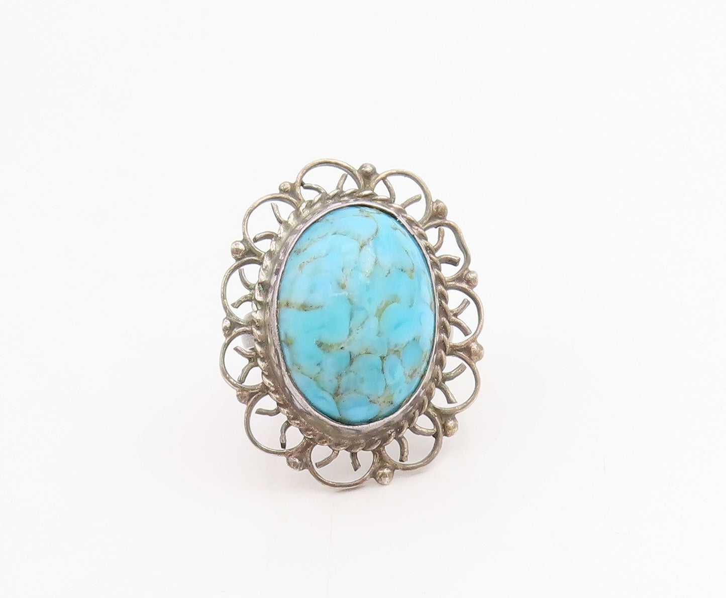 925 Sterling Silver Vintage Ring Cabochon Turquoise Scroll Band  Sz 6  RG34784