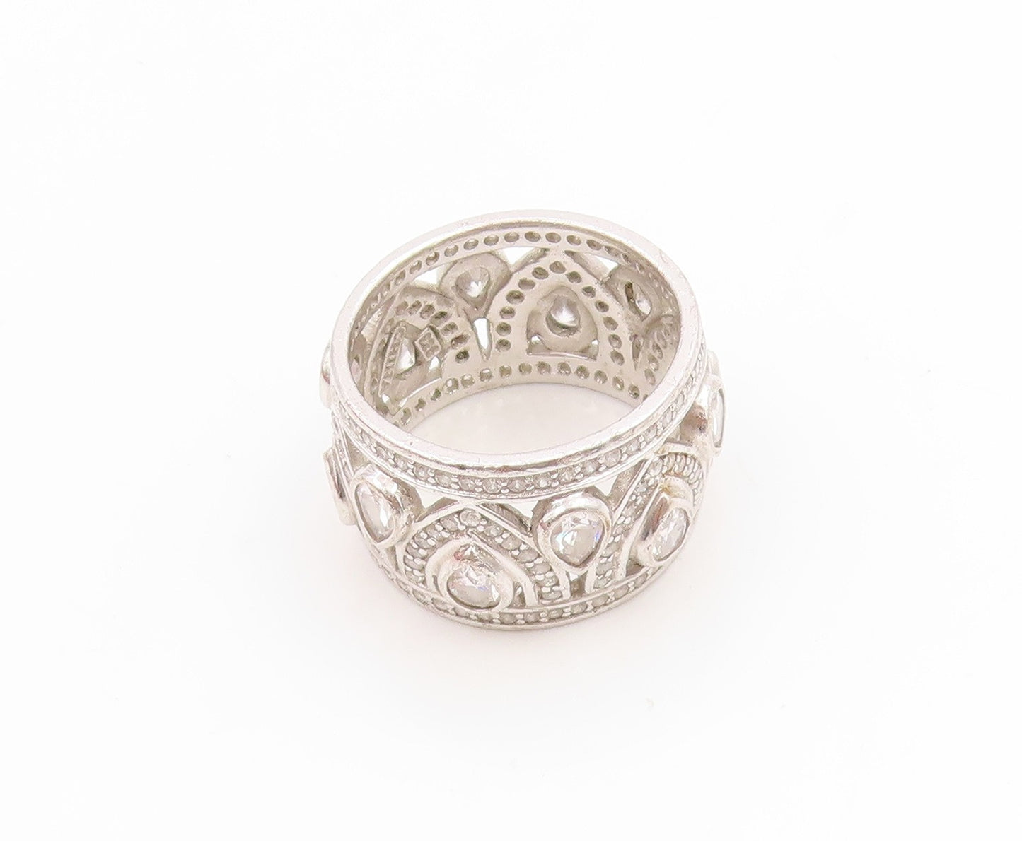 925 Sterling Silver Vintage Ring CZ Intricate Openwork Wide Band  Sz 7  RG34733