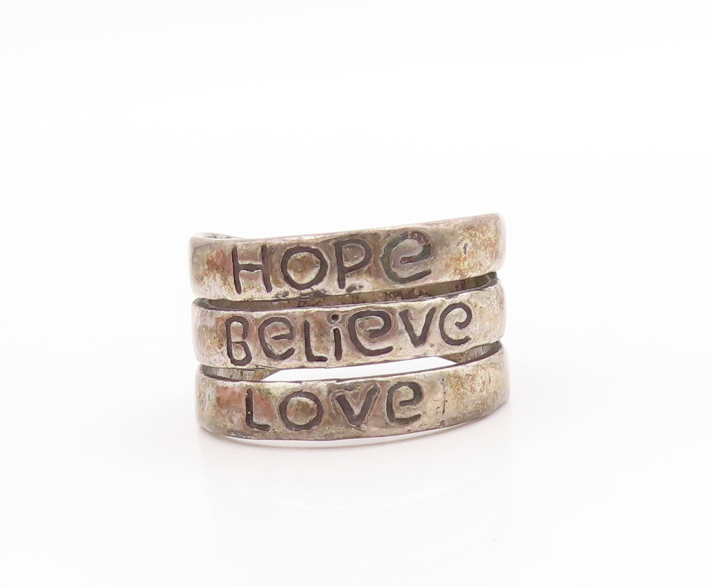 925 Sterling Silver Vintage Ring Dark Tone Hope Believe Love Band  Sz 8  RG33608
