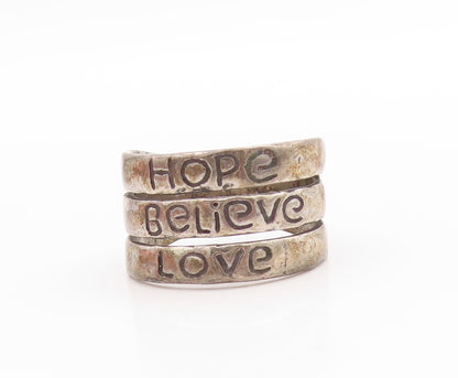925 Sterling Silver Vintage Ring Dark Tone Hope Believe Love Band  Sz 8  RG33608