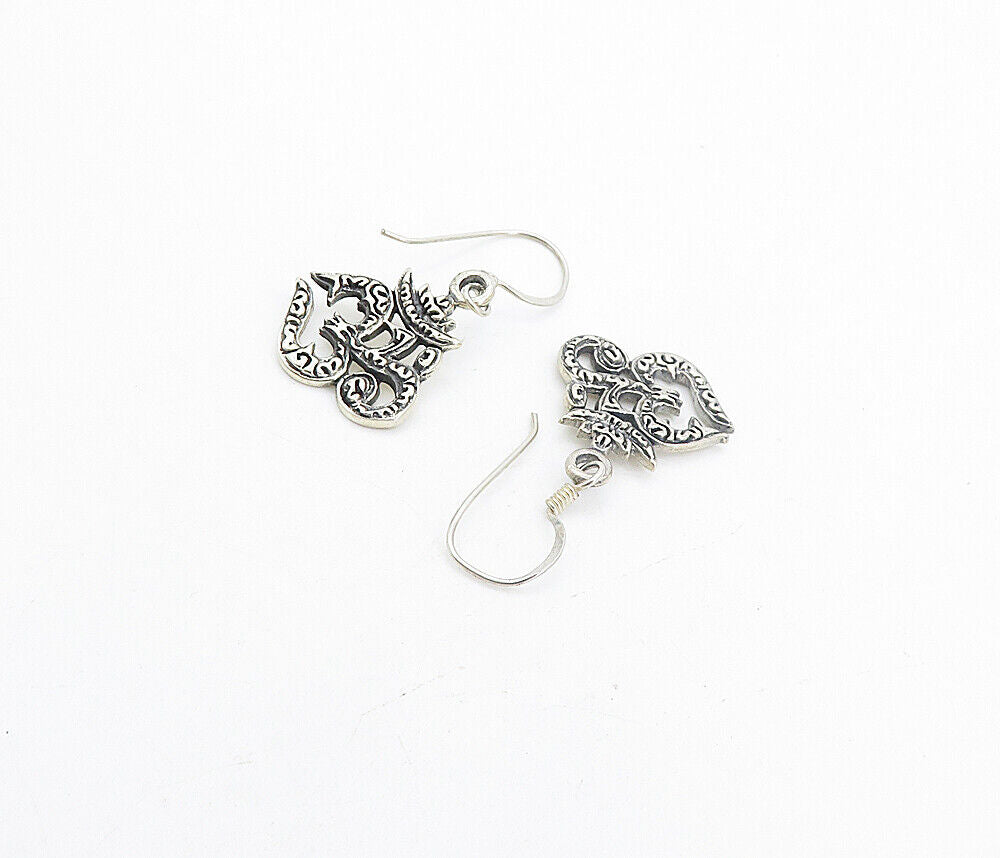 925 Sterling Silver  Vintage Om Spiritual Symbol Dangle Earrings  EG3495