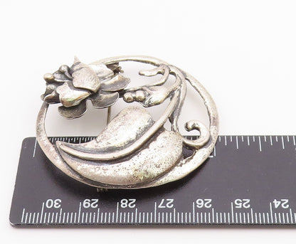 925 Sterling Silver  Vintage Antique Floral Swirl Round Brooch Pin  BP7047