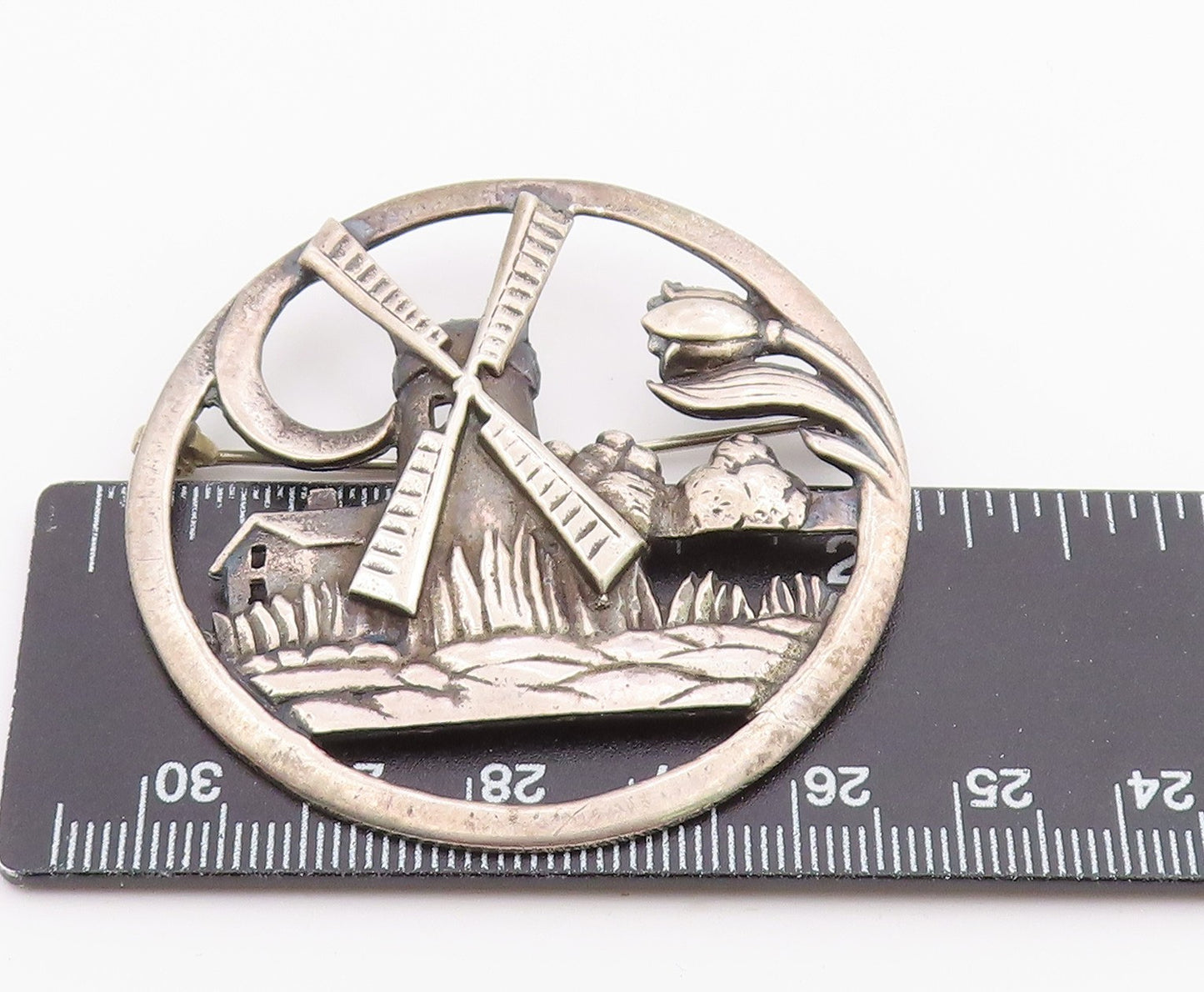925 Sterling Silver  Vintage Windmill Floral Scene Round Brooch Pin  BP3640
