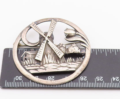 925 Sterling Silver  Vintage Windmill Floral Scene Round Brooch Pin  BP3640