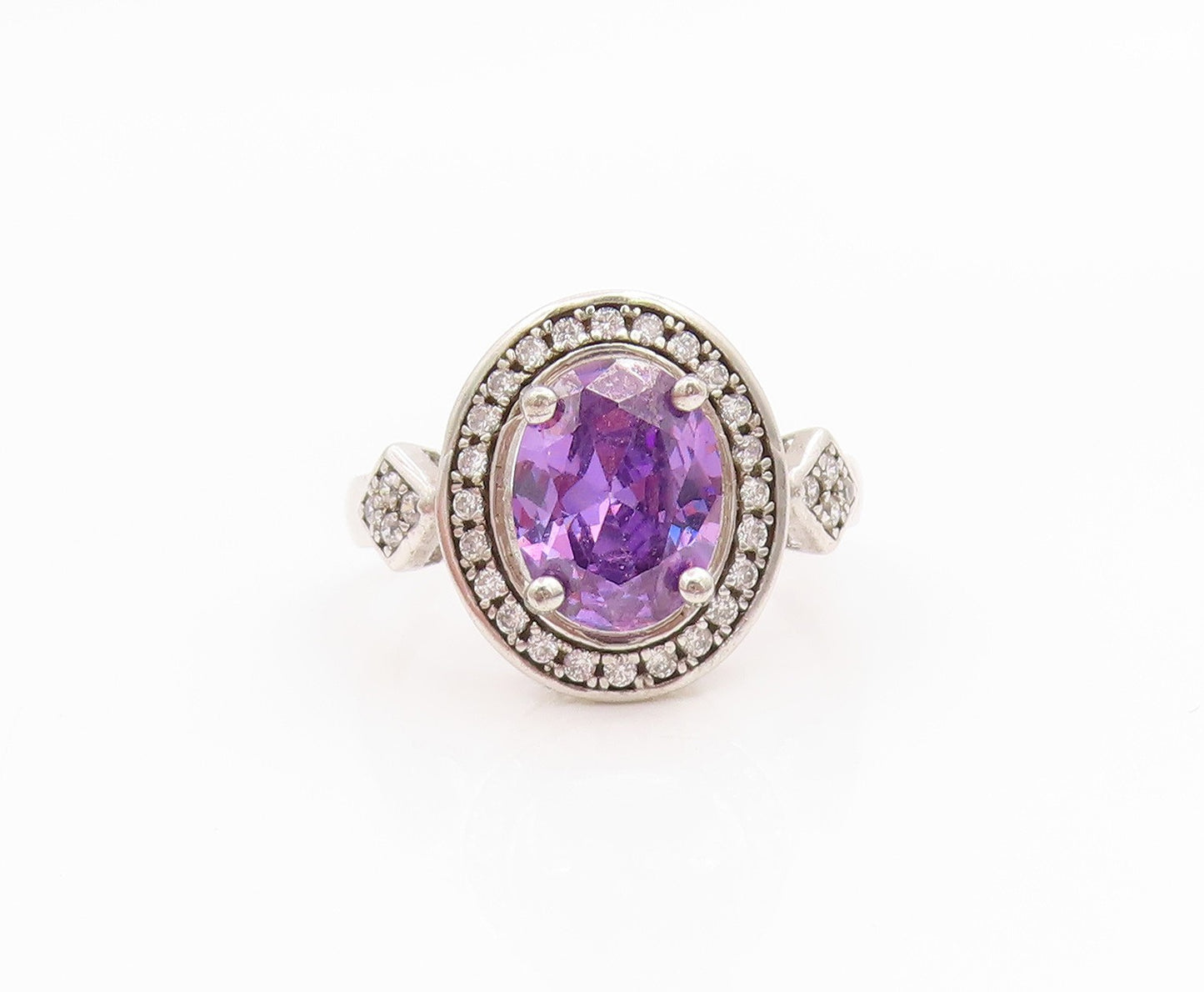 925 Sterling Silver Vintage Ring Elegant Amethyst Halo CZ Band  Sz 6  RG35826