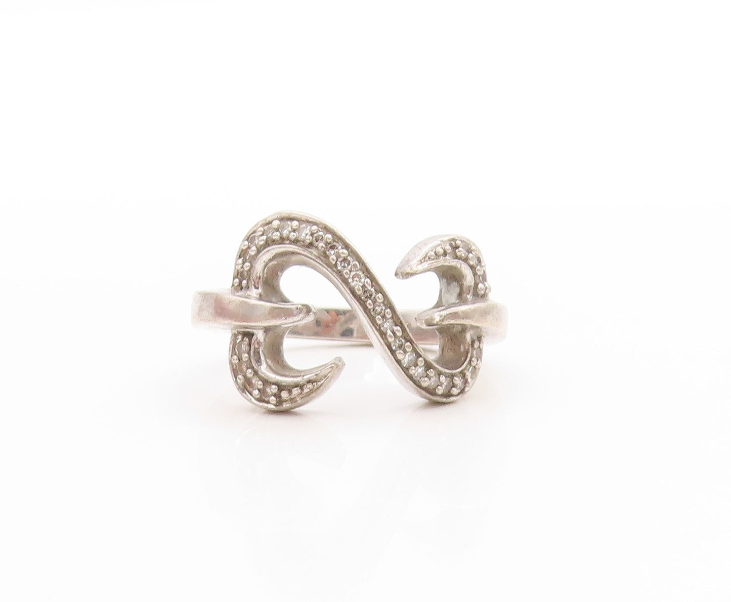 925 Sterling Silver Vintage Ring Real Diamonds Love Heart Knot  Sz 6.5  RG33735