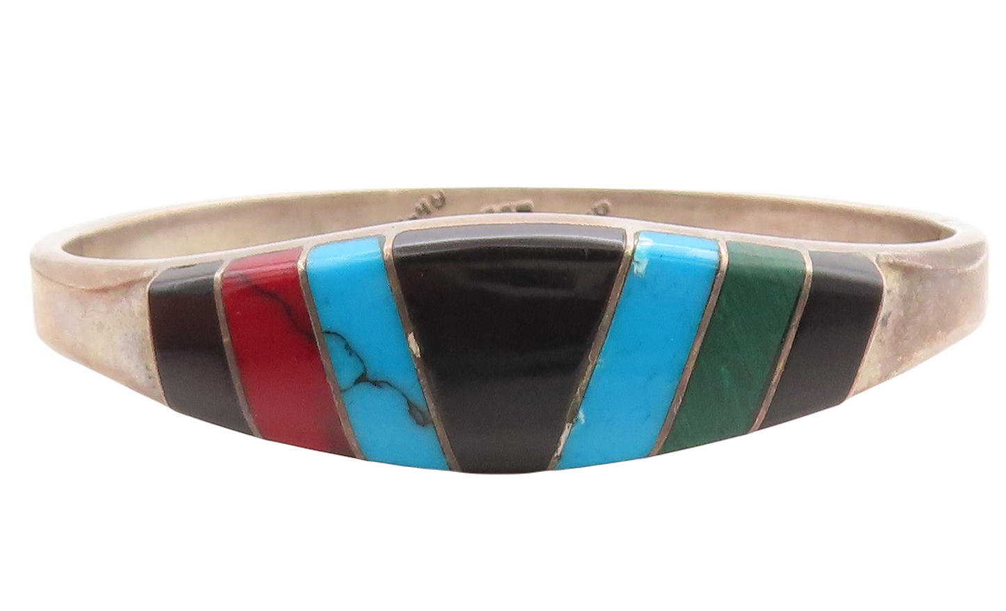 MEXICO 925 Silver  Vintage Onyx Turquoise & Malachite Bangle Bracelet  BT1410
