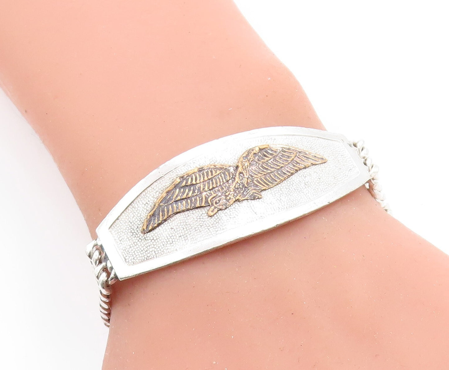 925 Sterling Silver  Vintage Two Tone Eagle Curb Link Chain Bracelet  BT2225