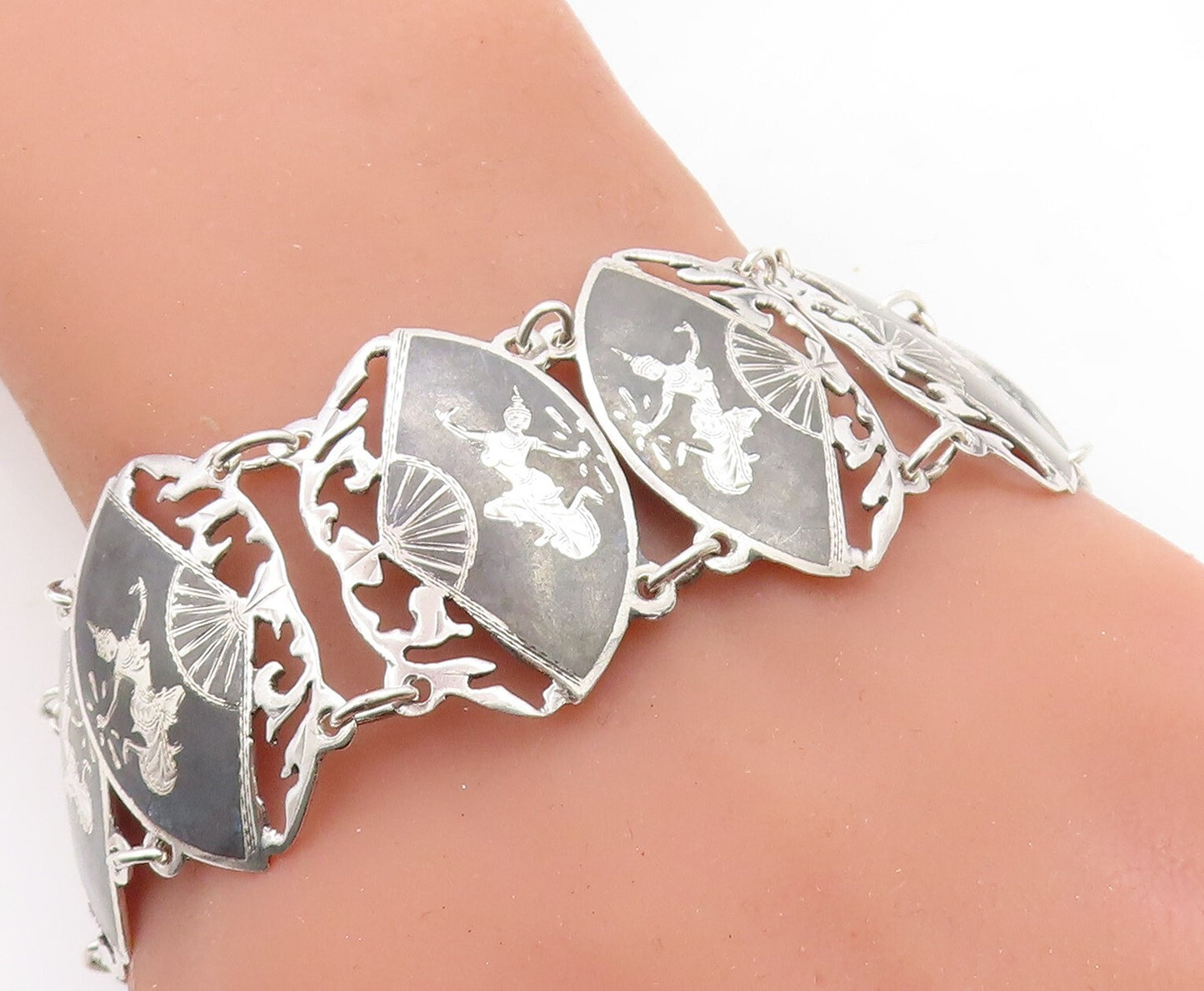 SIAM 925 Sterling Silver  Vintage Niello Dancer Hand Fan Chain Bracelet BT2181