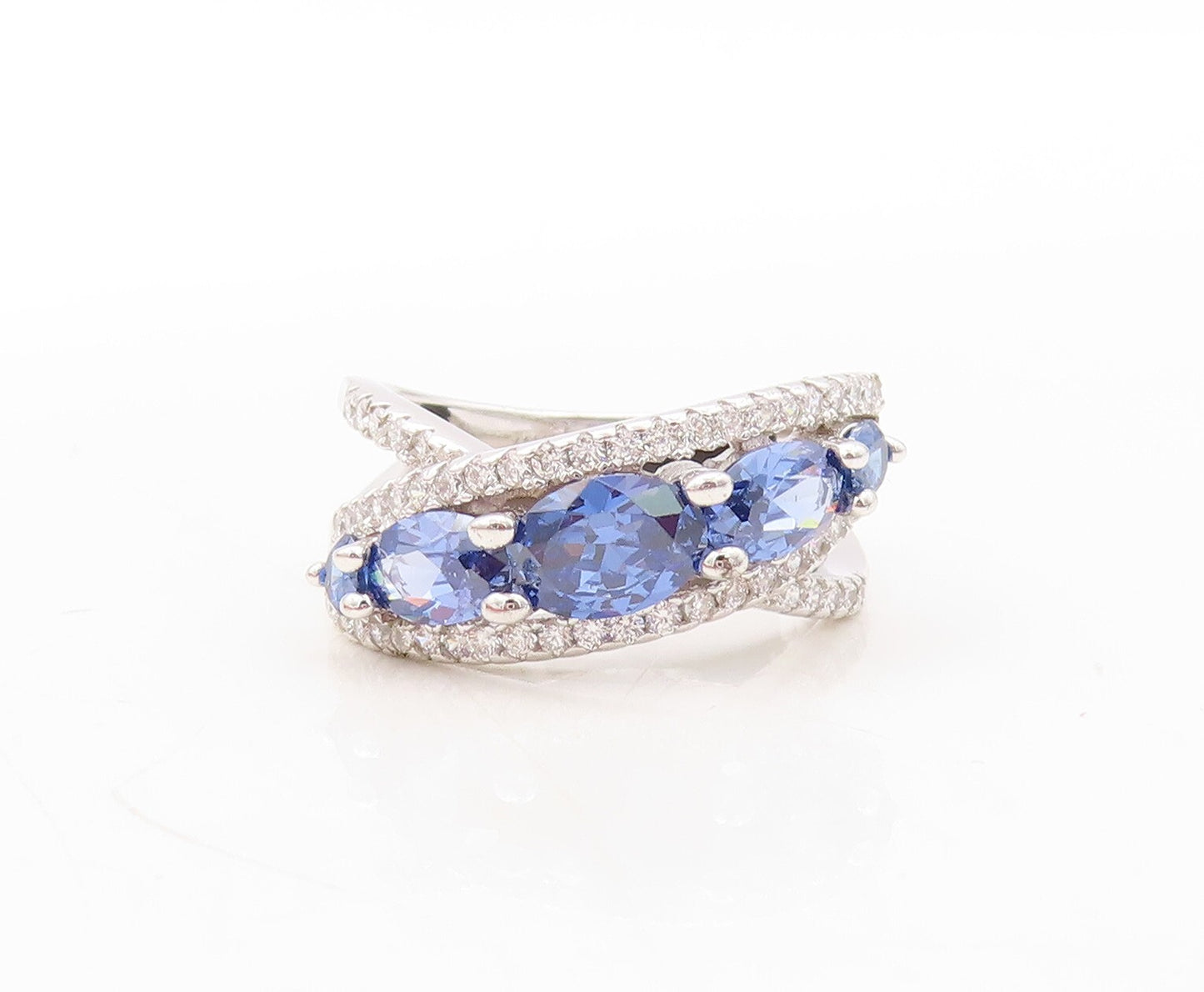 925 Sterling Silver Vintage Ring Designer Oval Sapphire CZ Bands  Sz 7.5 RG31073