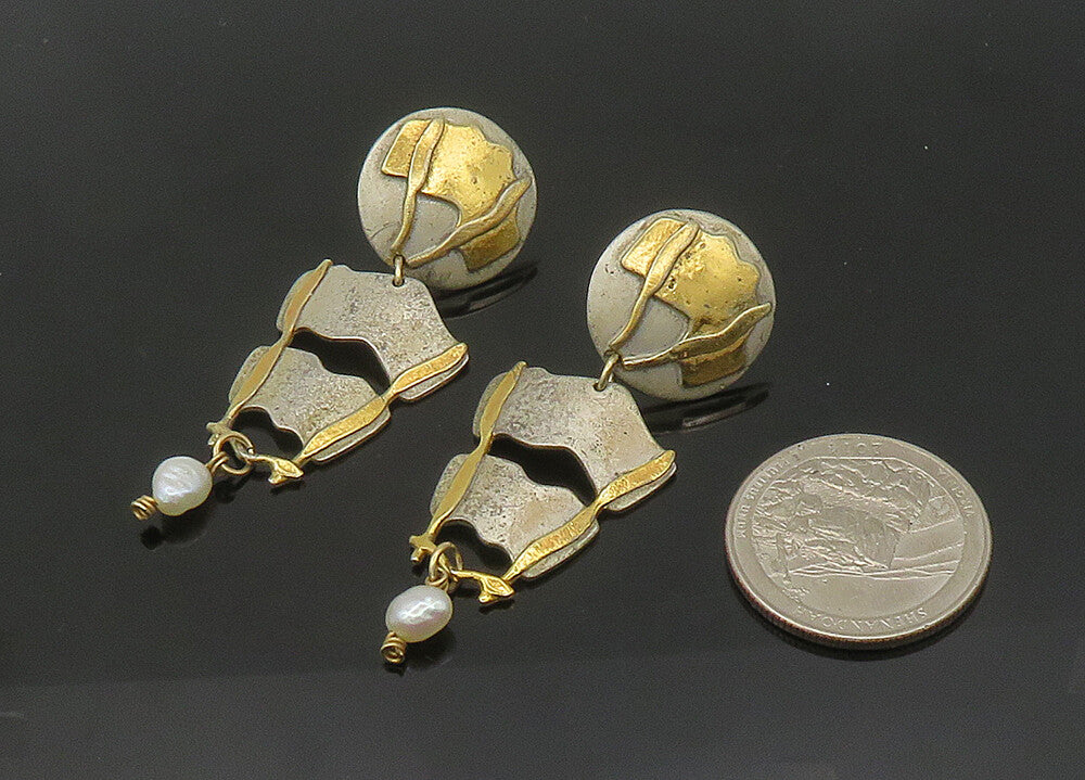 KW 925 Silver & 14K GOLD  Vintage Baroque Pearl 2 Tone Drop Earrings  EG10576