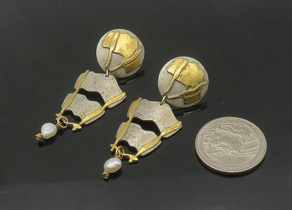 KW 925 Silver & 14K GOLD  Vintage Baroque Pearl 2 Tone Drop Earrings  EG10576