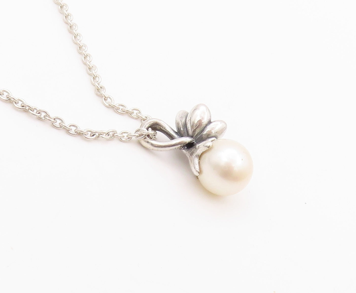 925 Sterling Silver Vintage Necklace PANDORA Pearl & Dark Tone Flower  NE4493