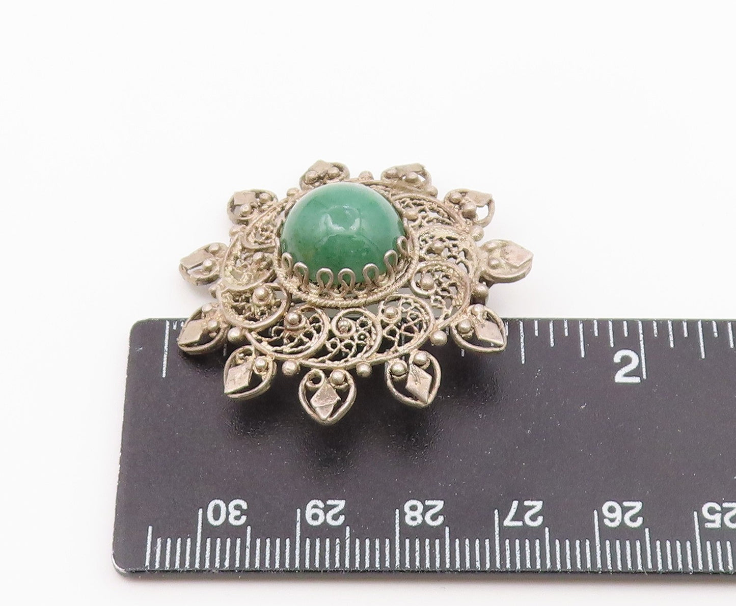 925 Sterling Silver  Vintage Green Onyx Floral Filigree Brooch Pin  BP9431