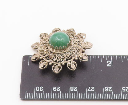 925 Sterling Silver  Vintage Green Onyx Floral Filigree Brooch Pin  BP9431
