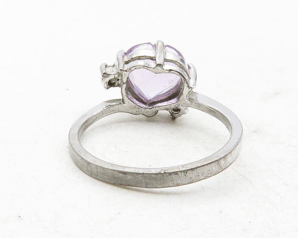 925 Sterling Silver  Love Heart Amethyst Shiny Band Ring Sz 5.5  RG12583
