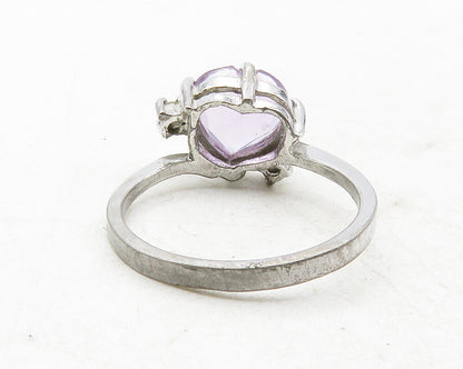 925 Sterling Silver  Love Heart Amethyst Shiny Band Ring Sz 5.5  RG12583