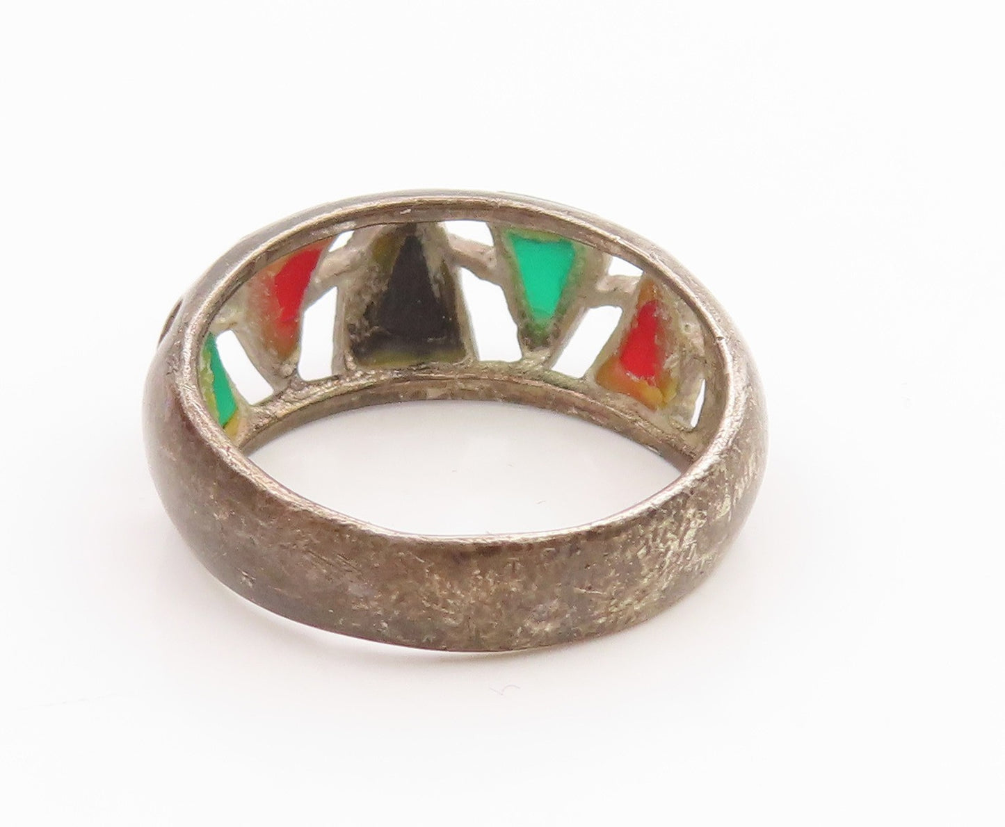 925 Sterling Silver Vintage Ring Multi Gemstone Geometric Cutout  Sz 10  RG35852