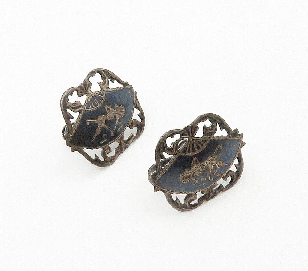 SIAM 925 Silver  Vintage Enamel Niello Dancer Non Pierce Drop Earrings  EG7912