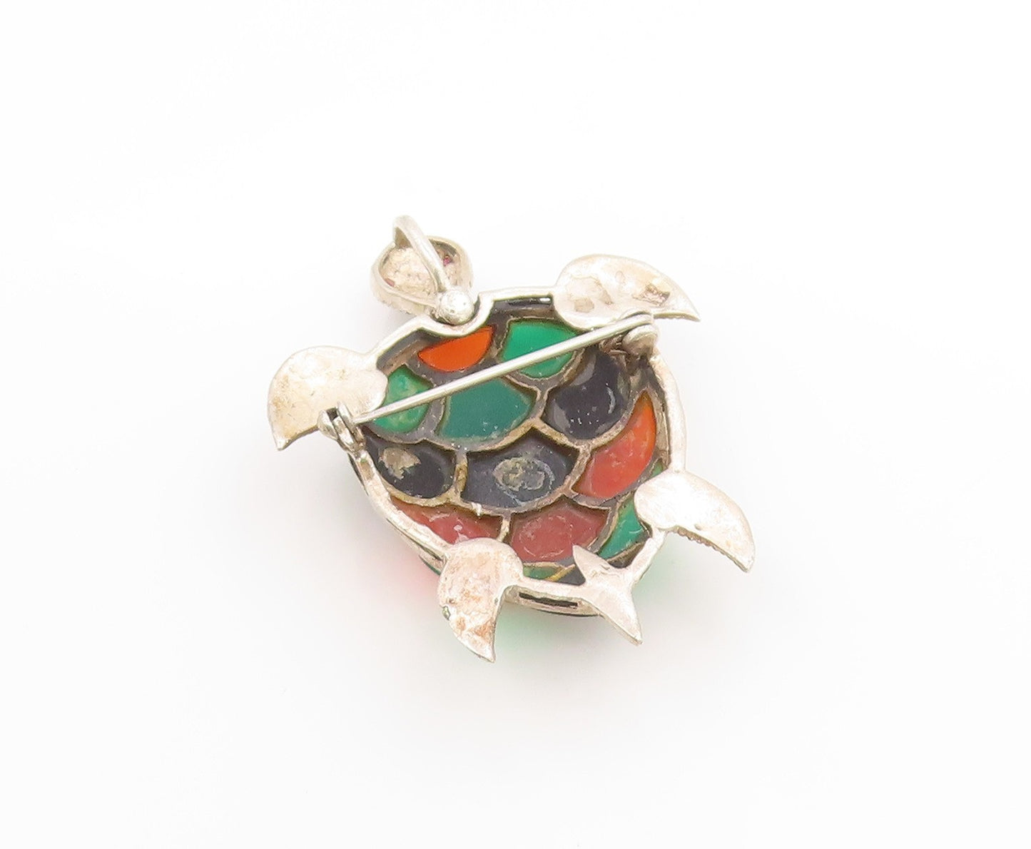 925 Sterling Silver Vintage Brooch Pin Multi Gemstone Turtle Charm  BP12276