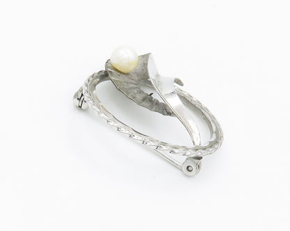 DEC 925 Silver  Vintage Petite Pearl Floral Leaf Round Brooch Pin  BP5788