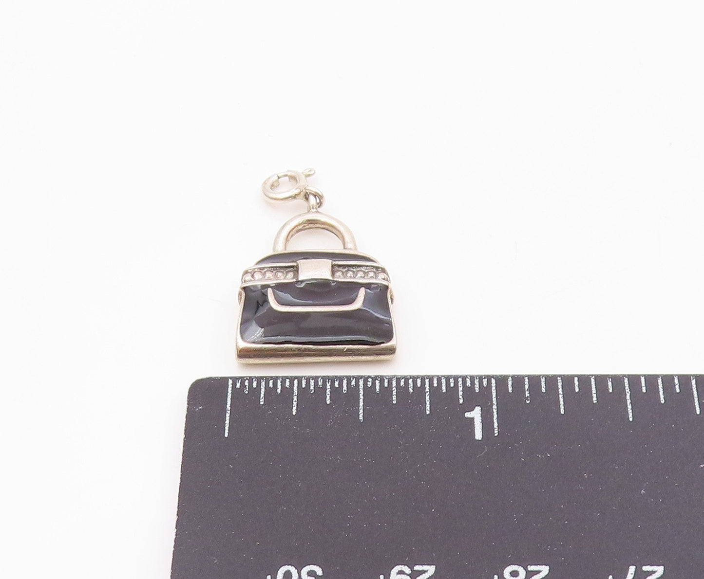 925 Sterling Silver  Vintage Black Enamel Tote Purse Charm Pendant  PT20343