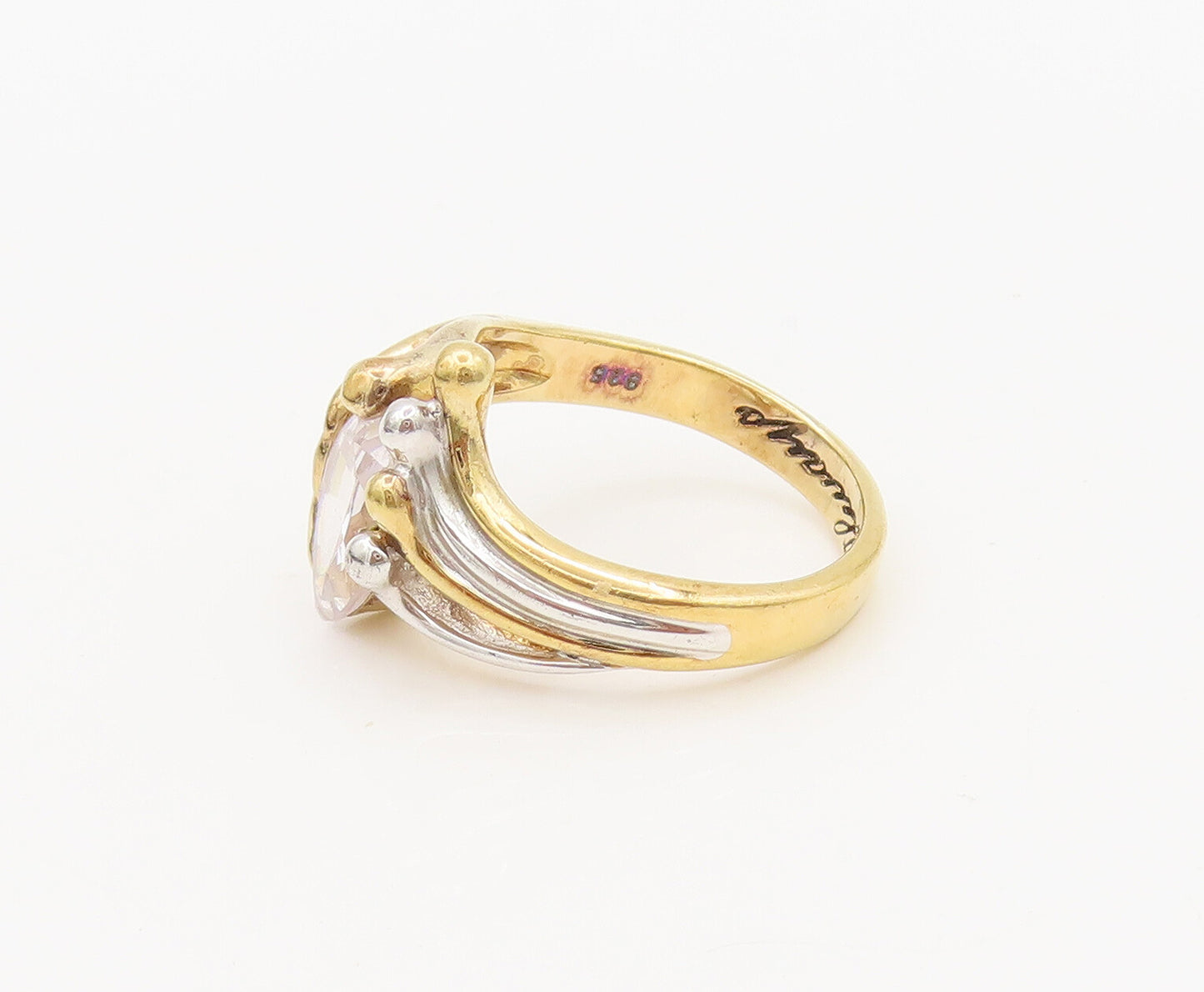 925 Sterling Silver  Vintage Gold Plated Swirly Beaded CZ Ring Sz 7.75 RG27003