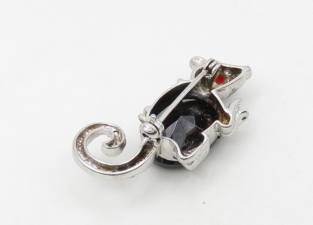 925 Silver  Vintage Hematite Cubic Zirconia & Garnet Mouse Brooch Pin  BP8406