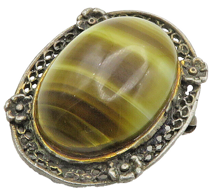 925 Sterling Silver  Vintage Cabochon Cut Agate Floral Brooch Pin  BP6126