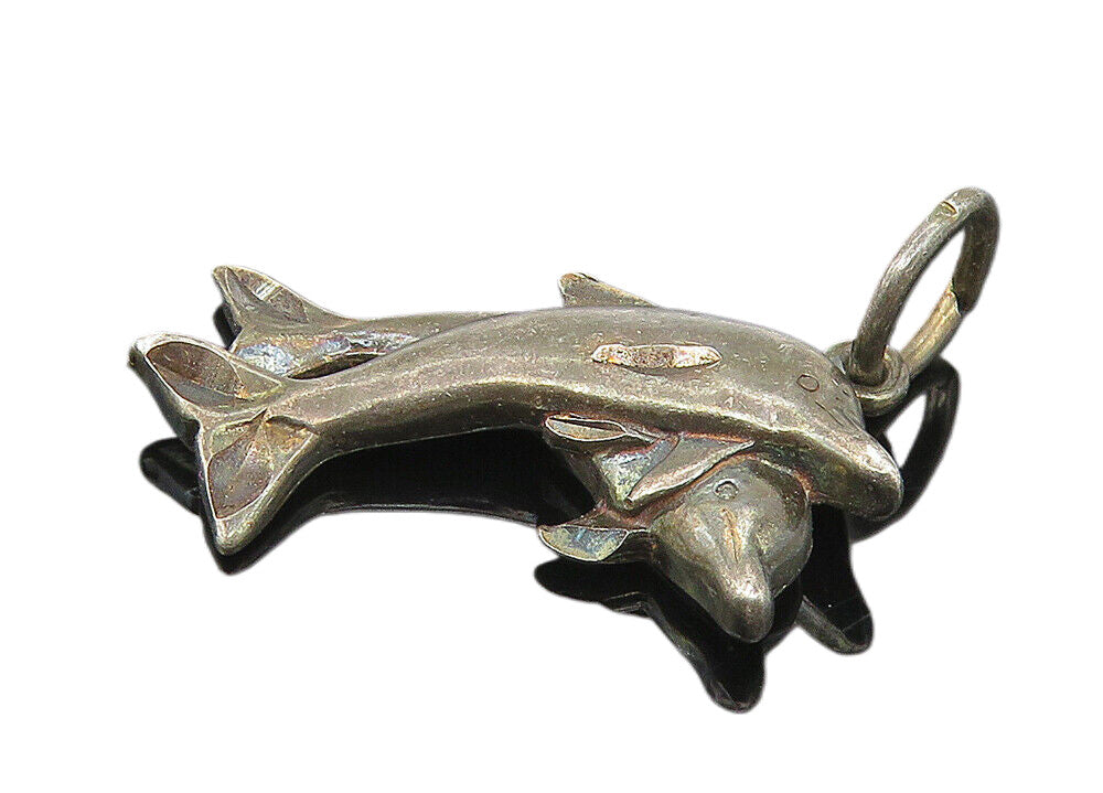 925 Sterling Silver  Vintage Petite Oxidized Leaping Dolphins Pendant  PT9113