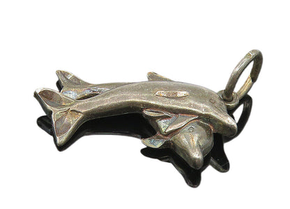925 Sterling Silver  Vintage Petite Oxidized Leaping Dolphins Pendant  PT9113