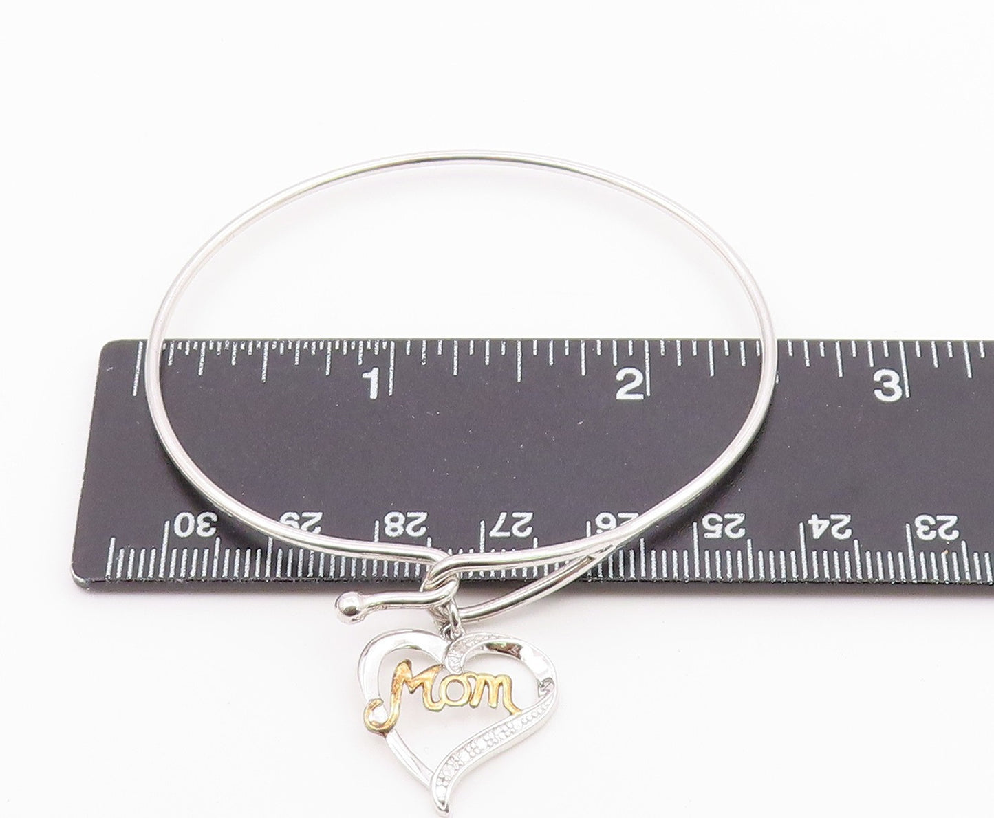 925 Sterling Silver  Genuine Diamond Mom Love Heart Bangle Bracelet  BT8264