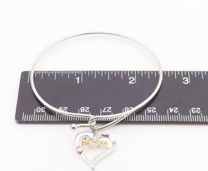 925 Sterling Silver  Genuine Diamond Mom Love Heart Bangle Bracelet  BT8264
