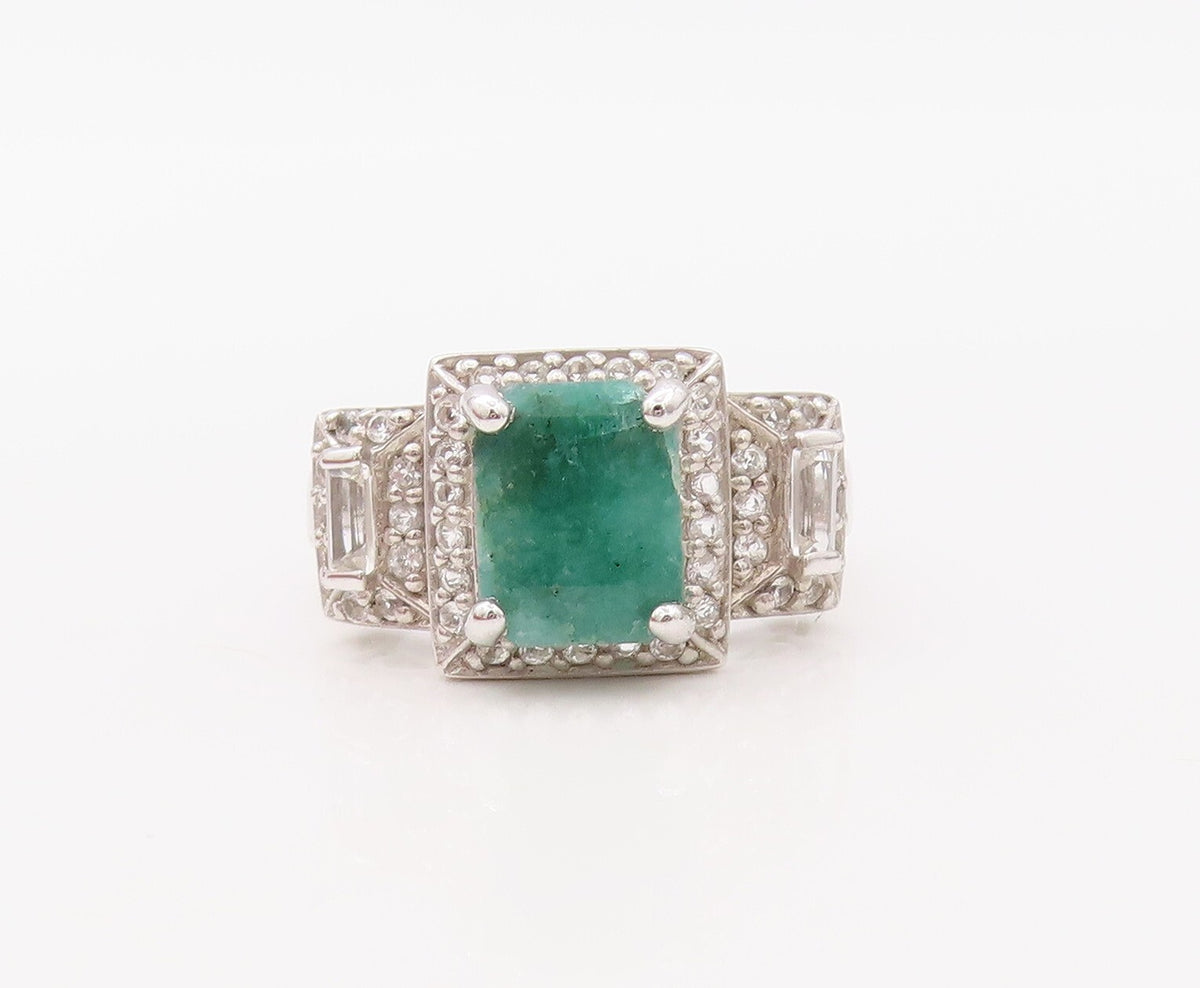925 Sterling Silver Vintage Ring Rectangle Cutout Gemstone & CZ  Sz 7  RG30797