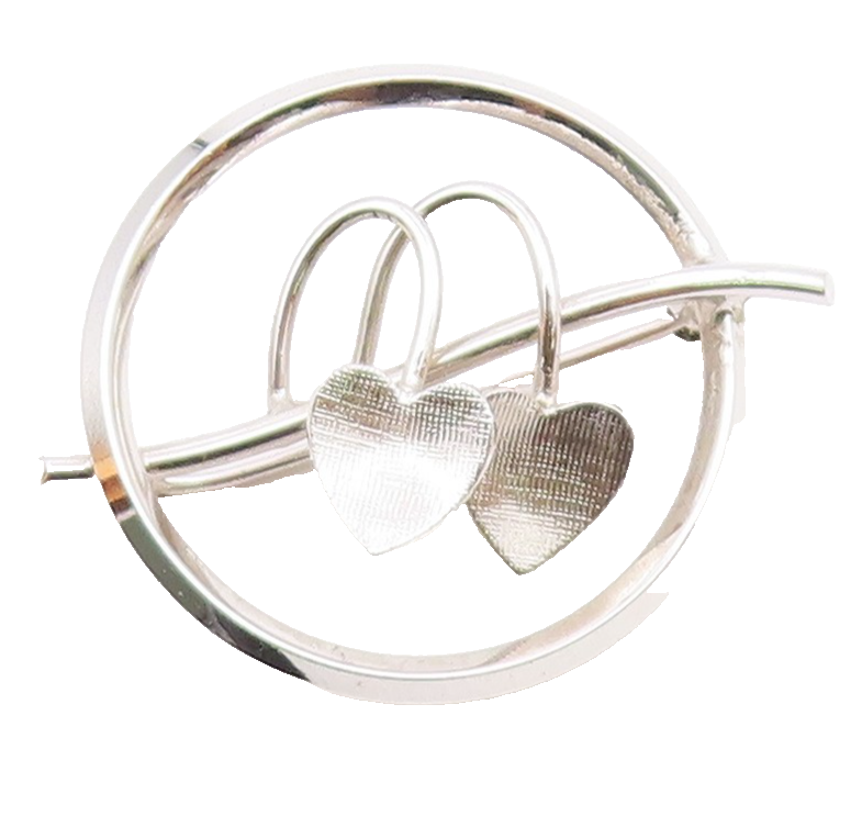 925 Sterling Silver  Vintage Shiny Double Love Hearts Round Brooch Pin  BP8600