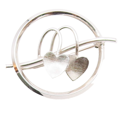 925 Sterling Silver  Vintage Shiny Double Love Hearts Round Brooch Pin  BP8600