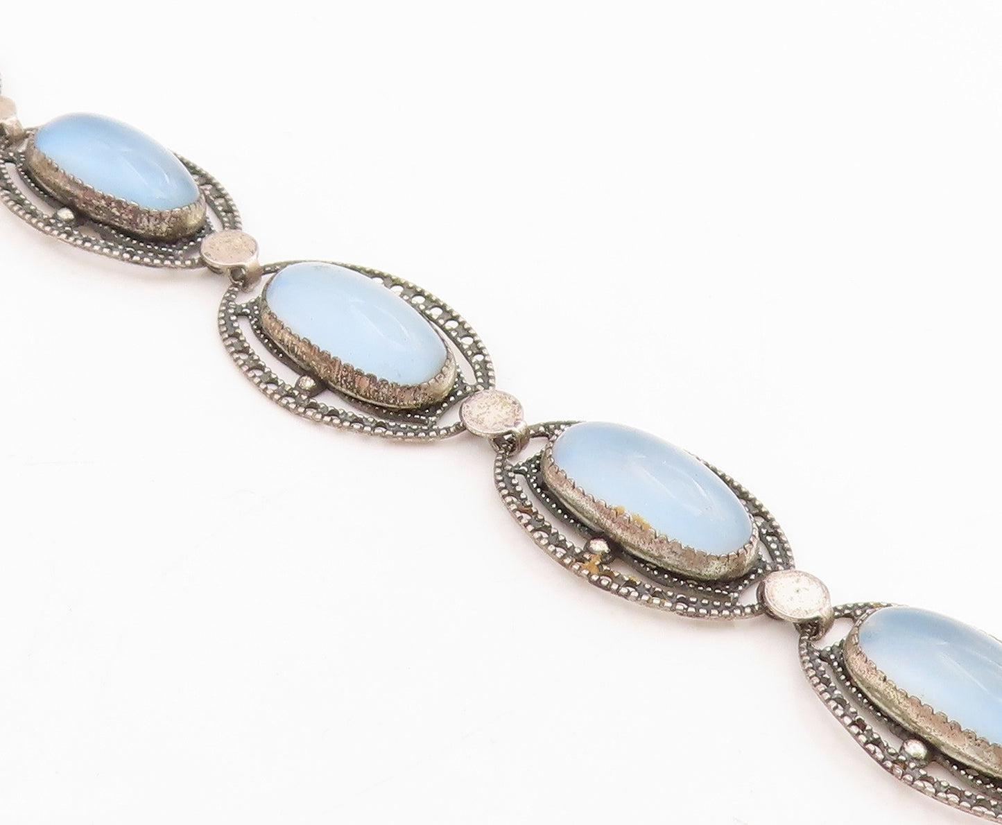 925 Sterling Silver Vintage Bracelet BEAU Antique Cabochon Cat Eye Link  BT11515