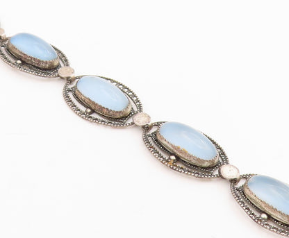 925 Sterling Silver Vintage Bracelet BEAU Antique Cabochon Cat Eye Link  BT11515