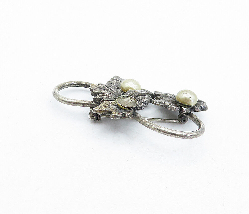 925 Sterling Silver  Vintage Pearls Dark Tone Autumn Leaves Brooch Pin  BP1696
