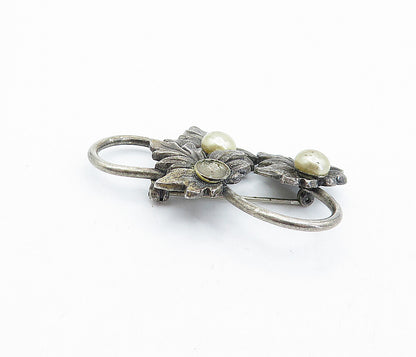 925 Sterling Silver  Vintage Pearls Dark Tone Autumn Leaves Brooch Pin  BP1696