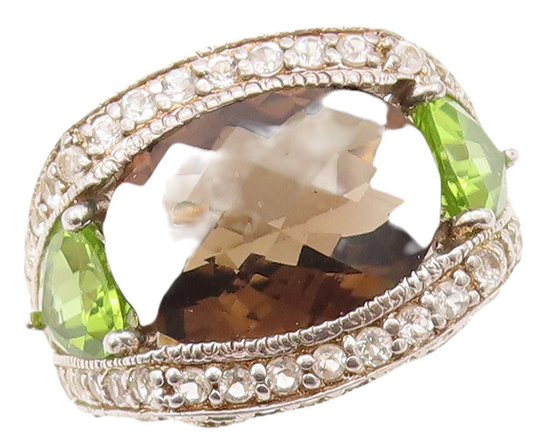 925 Sterling Silver Vintage Ring Designer Smoky Quartz CZ & Peridot Sz 7 RG30801