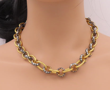 925 Sterling Silver Vintage Necklace Gold Plated Topaz Linked Rings  NE4326