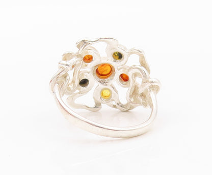 925 Sterling Silver Vintage Ring Cabochon Honey Amber Brutalist  SZ 6.5  RG32162