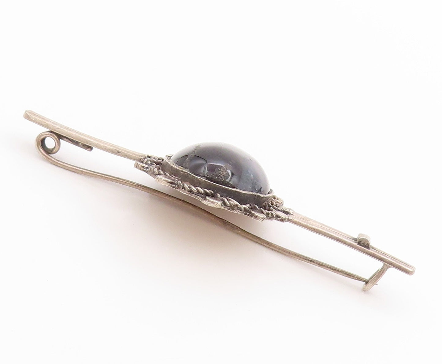 925 Sterling Silver Vintage Brooch Cabochon Onyx Middle East Floral Pin  BP11846
