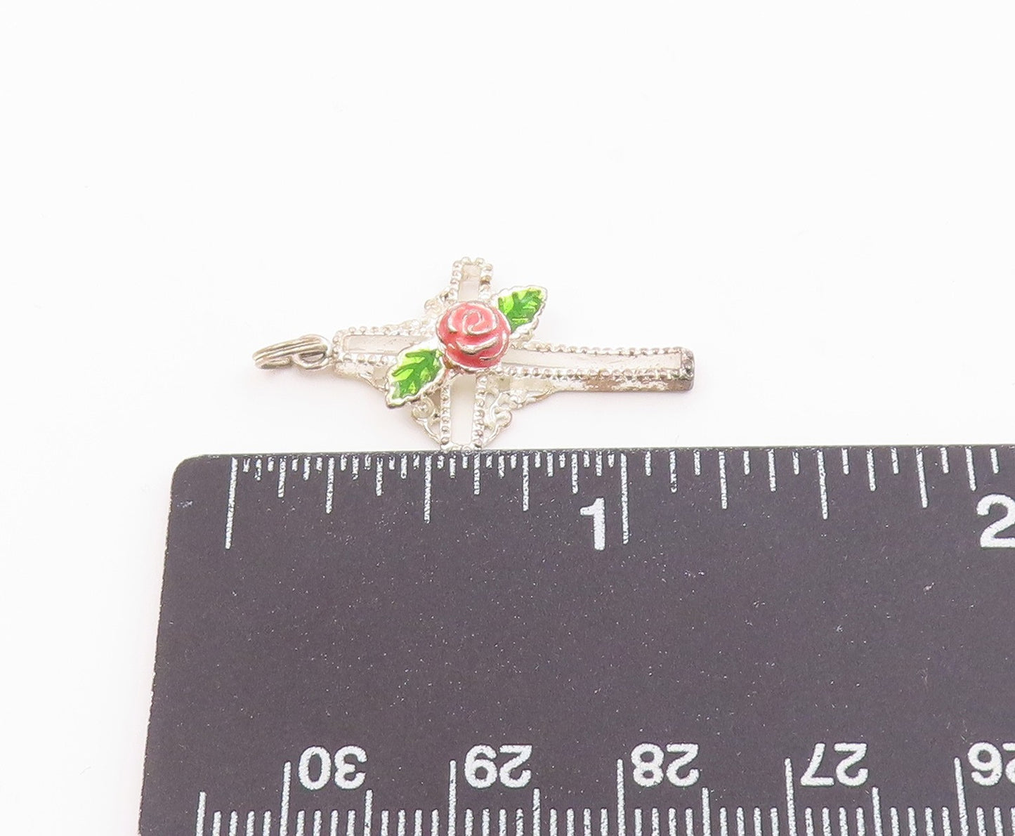925 Sterling Silver  Vintage Rose Flower Religious Cross Pendant  PT19455