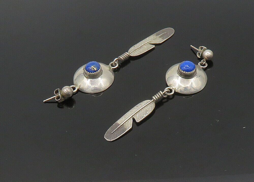 NAVAJO 925 Silver  Vintage Lapis Lazuli Feather Dangle Earrings  EG11215