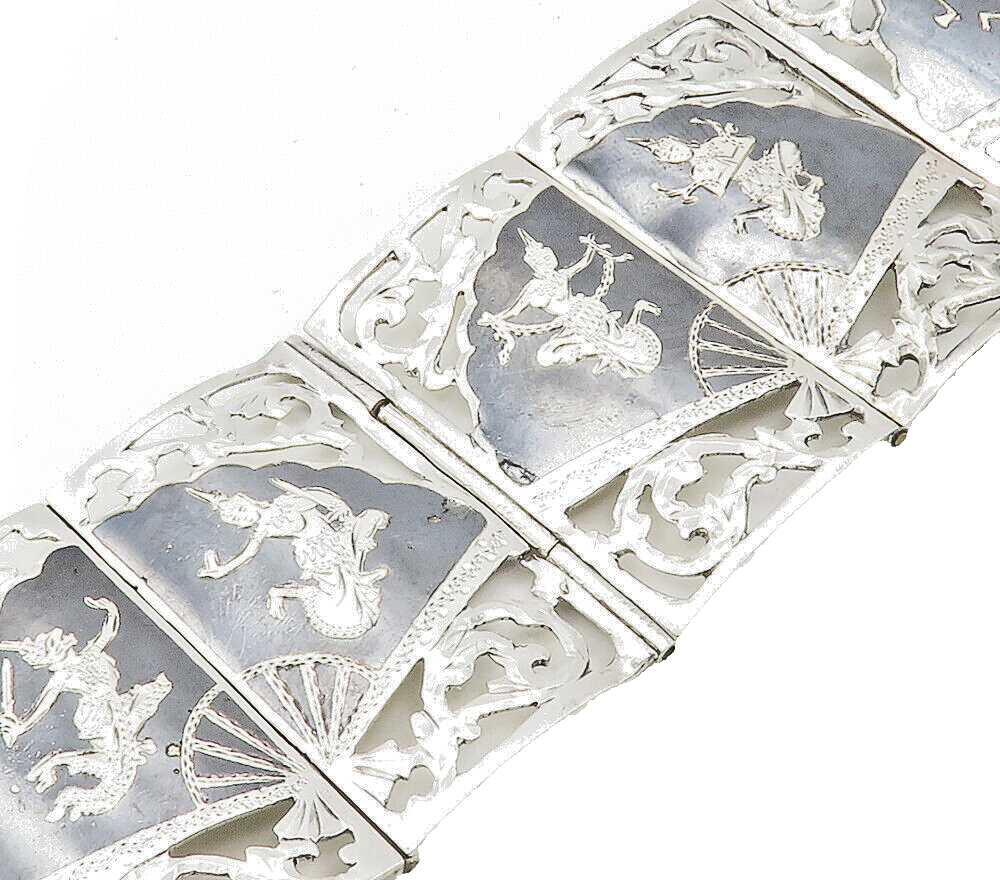 SIAM 925 Sterling Silver  Vintage Enamel Dancer Panel Chain Bracelet  BT6150