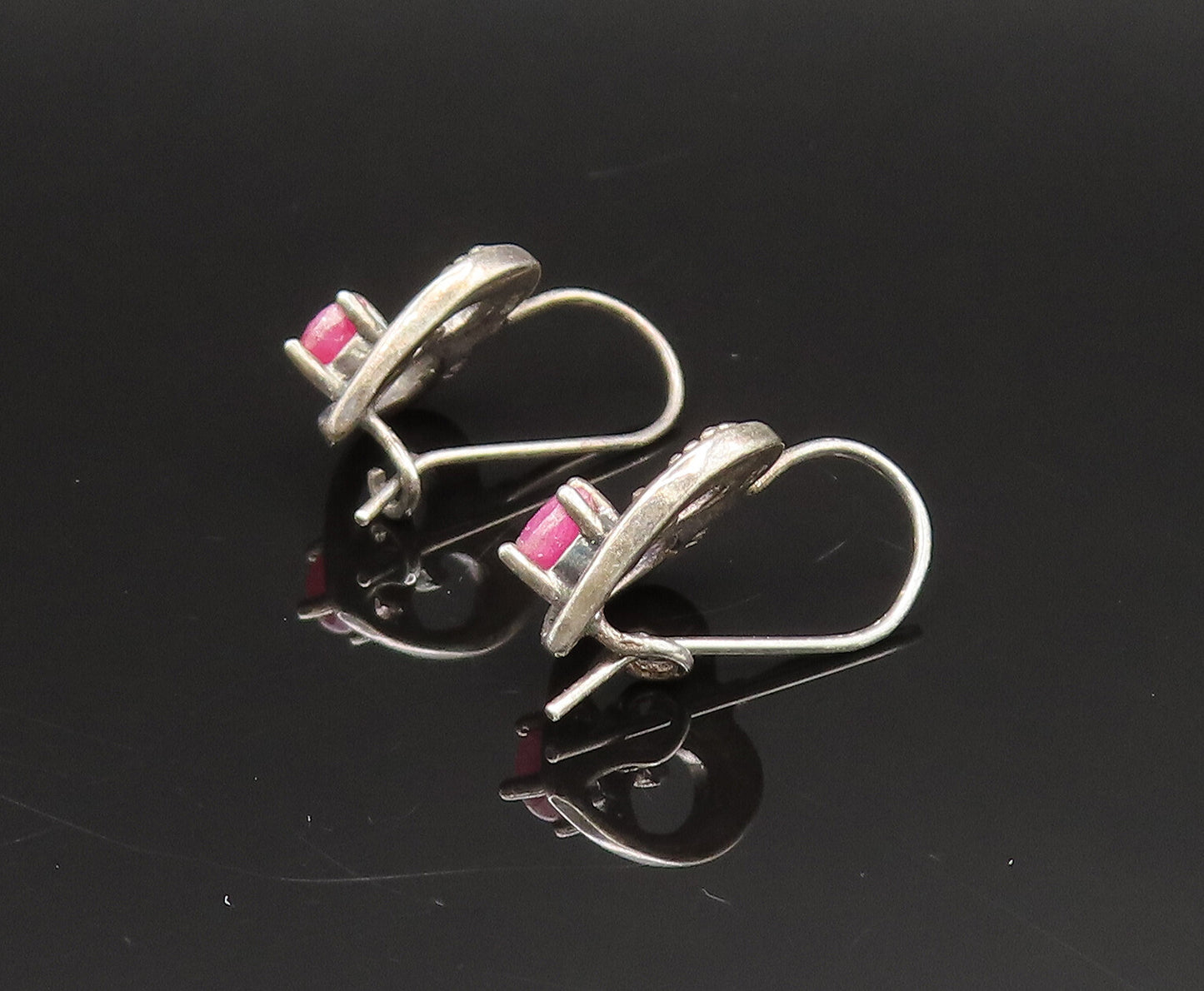 925 Silver  Vintage Antique Beaded Open Ruby Love Heart Earrings  EG11959