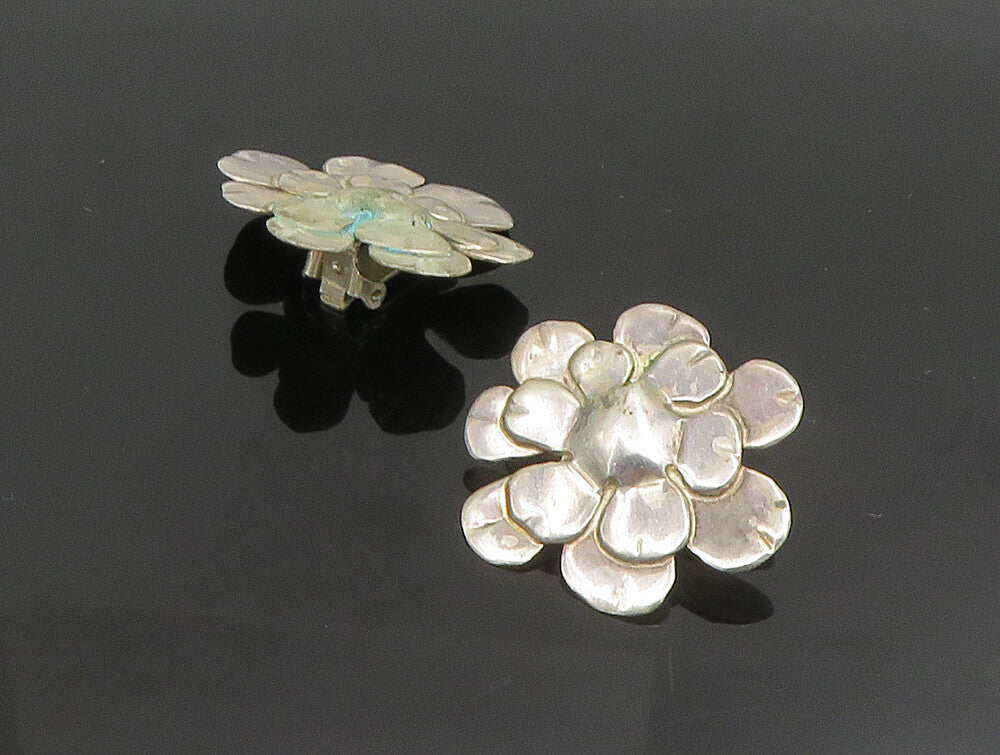DESIGNER 925 Silver  Vintage Modernist Flower Non Pierced Earrings  EG11695